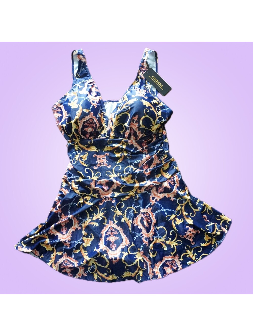 Coskaka Blue Chain & Baroque Print Skirted One-Piece Swimsuit Size XL